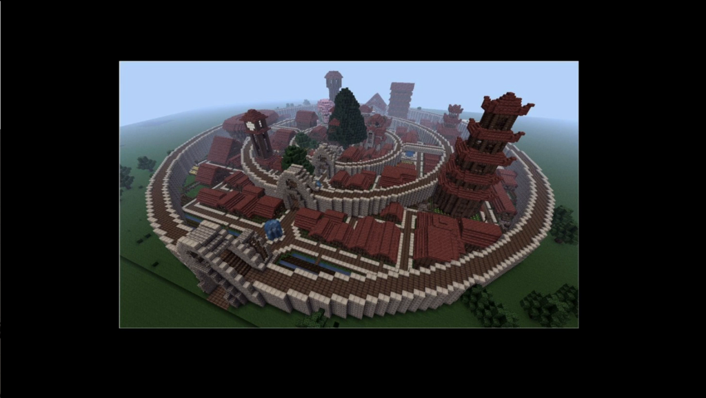 Screenshot of an elaborate walled castle built in Minecraft