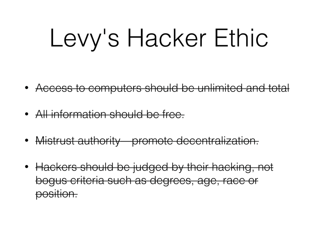 The first four points of Levy's hacker ethic, text crossed out.