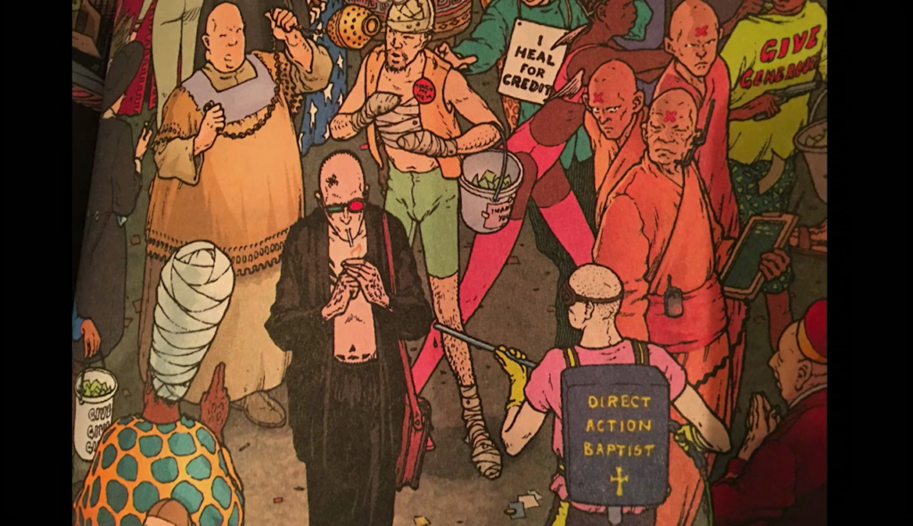 Illustration of Spider Jerusalem lighting a cigarette, surrounded by a large group of people from wildly different cultures and religions
