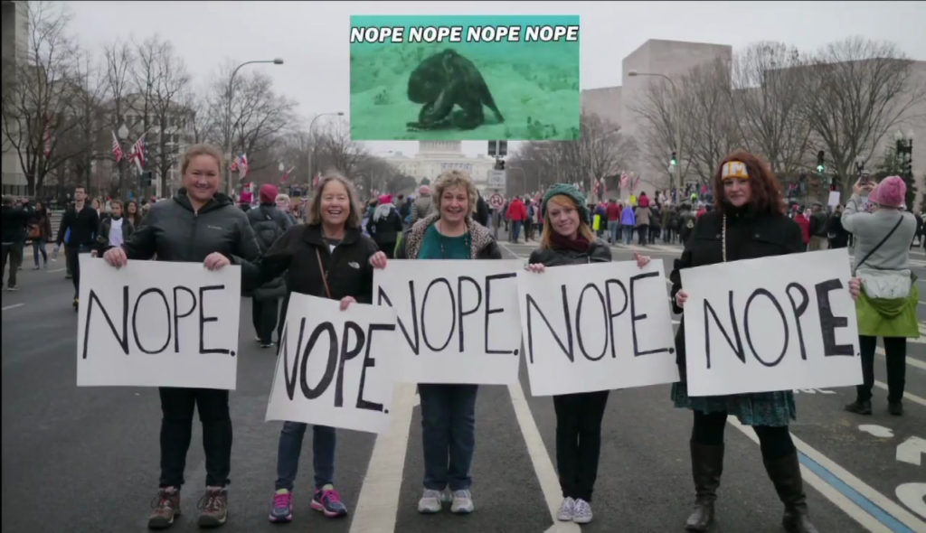 Several women lined up holding protest signs reading "nope" below a screenshot from a video of an octopus quickly retreating captioned "nope nope nope" etc.