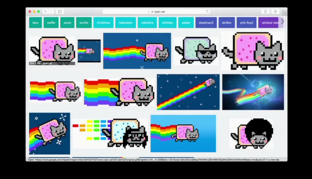 The results of a Google Images search for Nyan Cat, showing many variations and interpretations