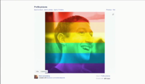 Screenshot of Mark Zuckerberg's Facebook profile photo overlaid with a rainbow gay pride flag