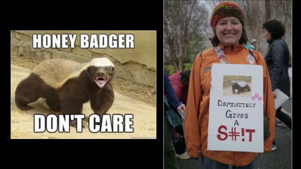 A woman wearing a sign reading "Definitely gives a S#!T" next to a meme image of a honey badger captioned "Honey badget don't care"