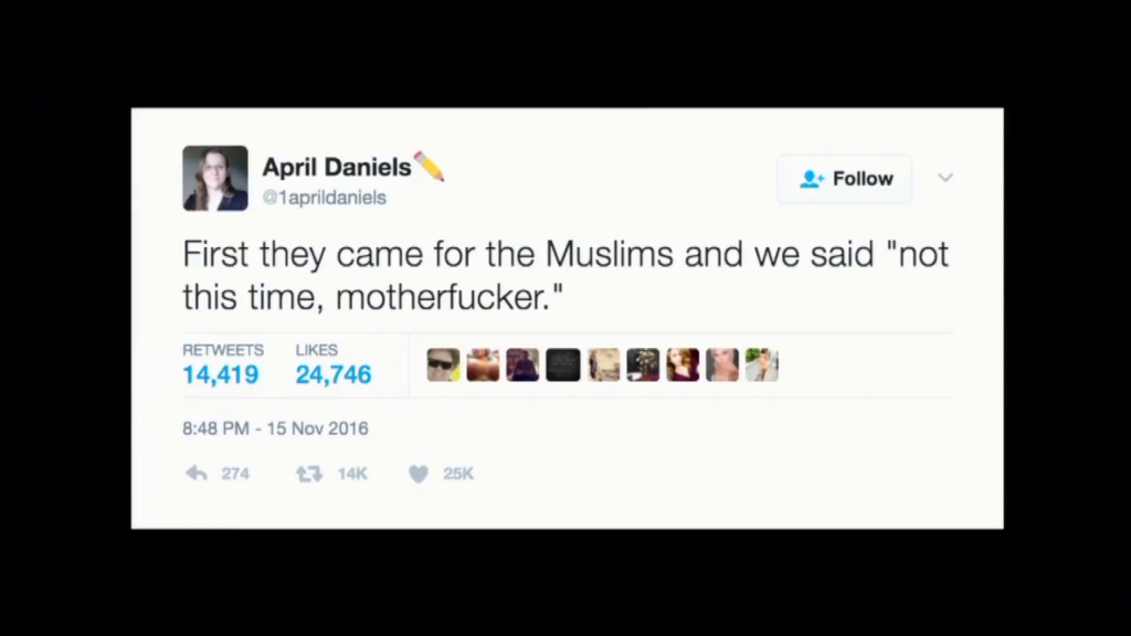 Screenshot of April Daniel's tweet reading "First they came for the Muslims and we said 'not this time, motherfucker.'"
