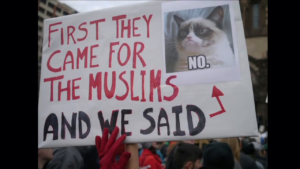 A protest sign reading "first they came for the Muslims and we said" with an arrow pointing to a photo of Grumpy Cat captioned "no."