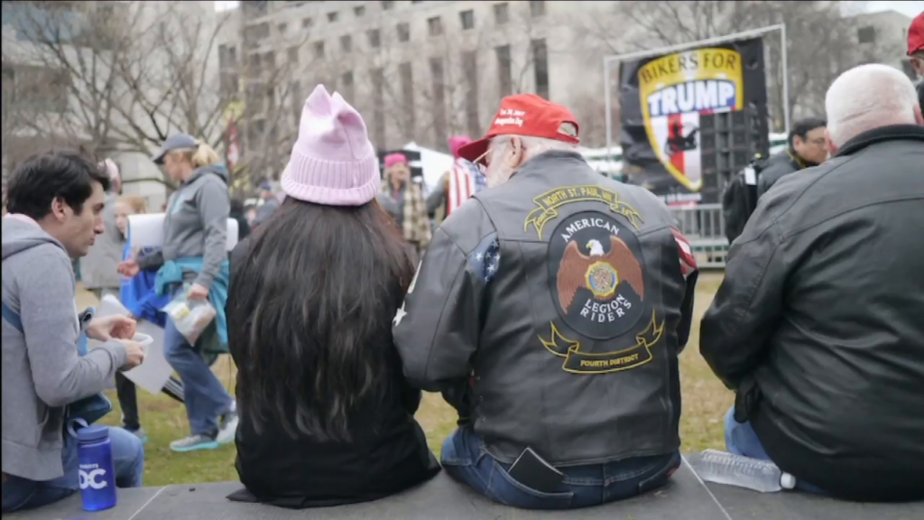 A man and woman seated next to each other, photographed from behind, she wearing a pink pussyhat, he a red baseball cap with "Inauguration Day" and the date visible on the side