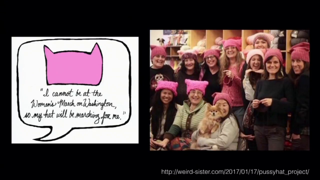 Illustration of the pink pussyhat, captioned "I cannot be at the Women's March on Washington, so my hat will be marching for me."