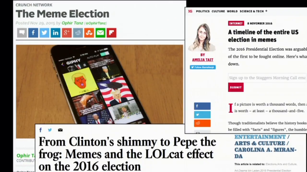 Screenshot of various news stories about the meme election