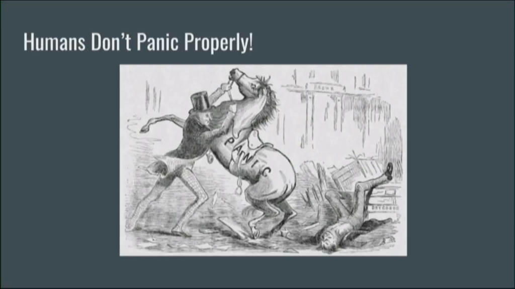 Political cartoon of a man trying to control a horse labeled "panic" on its side, who has thrown another man to the ground
