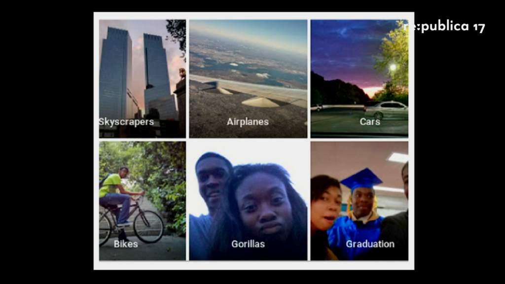 A grid of several photos with the objects in them mostly identified correctly, and one of a black couple labeled a gorillas.