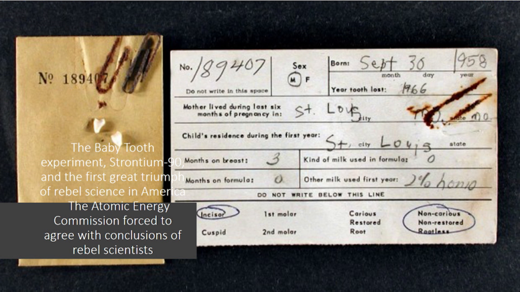 A small manila packet with a couple of baby teeth on it, next to an index card with various details collected as part of the Baby Tooth experiment