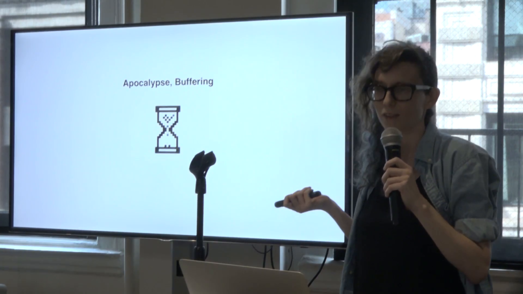 "Apocalypse, Buffering" with a pixel art hourglass below