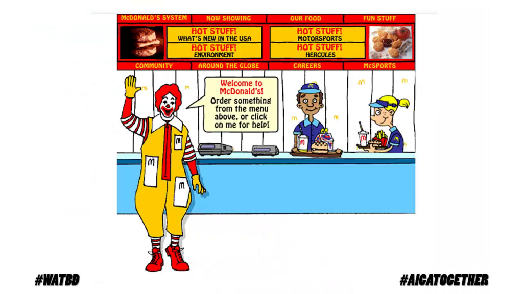 Screenshot of an early McDonald's web site, composed of a hand-drawn image of Ronald McDonald standing in front of servers at a counter