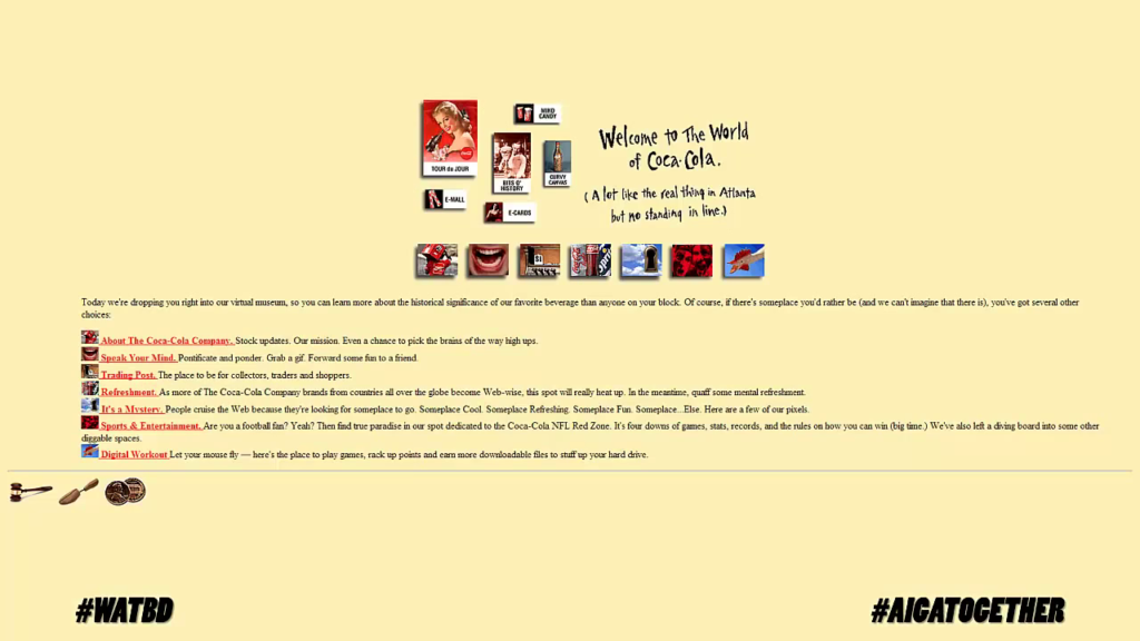 Screenshot of an early version of the Coca-Cola web site, with just a few images and links
