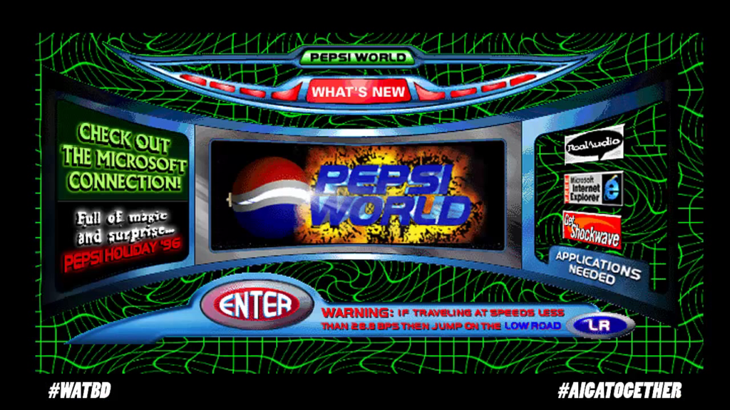 Screenshot of an early Pepsi web site, showing a futuristic interface over a distorted green grid