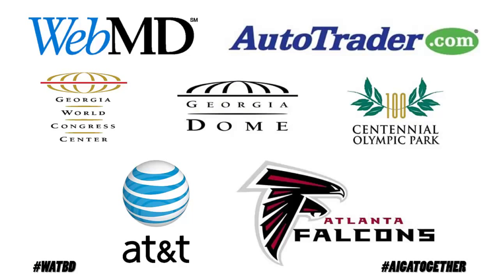Various client logos, including WebMD, the Atlanta Falcons, and AT&T