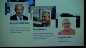 Screenshots of Twitter accounts for Benjamin Netanyahu, Geert Wilders, and Narendra Modi