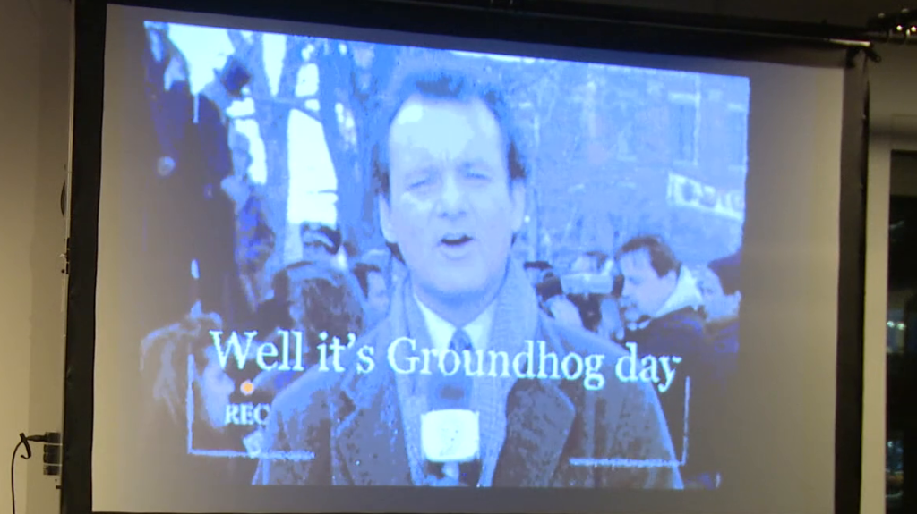 Bill Murray as a newscaster in the movie Groundhog Day