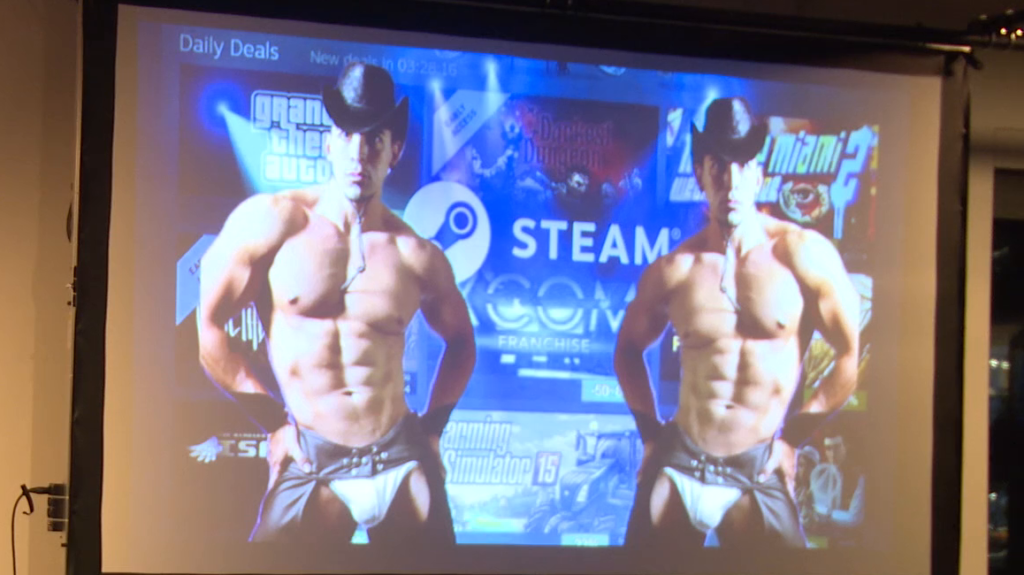 Screenshot of the Steam game store, superimposed with images of the previous male go-go dancers