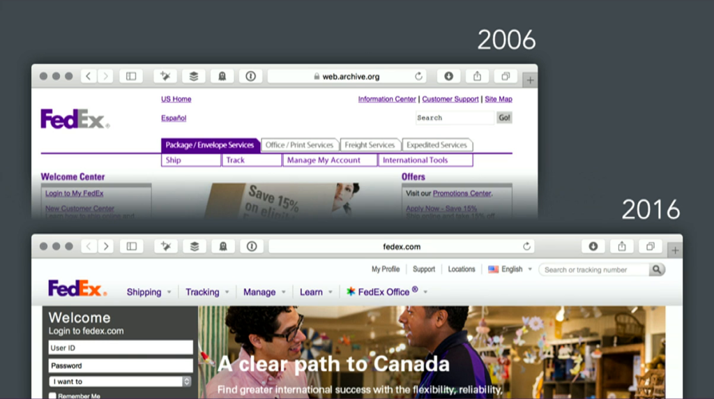 Two screenshots of the FedEx web site, one from archive.org, showing changes over time.