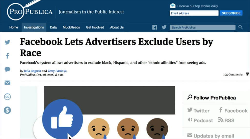 Screenshot of ProPublica article "Facebook Lets Advertisers Exclude Users by Race"
