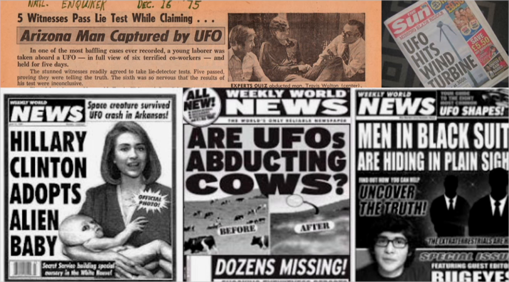 Various tabloid covers and stories regarding aliens and UFOs