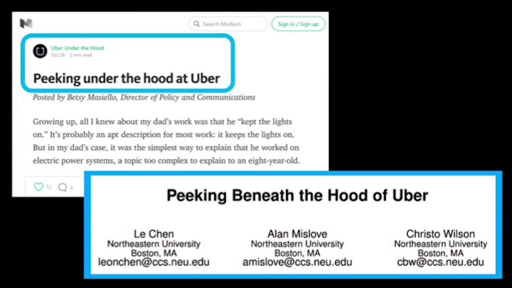 Screenshot of Uber's transparency blog post, "Peeking Under the Hoot at Uber," which is nearly identical to the title of Wilson's research paper