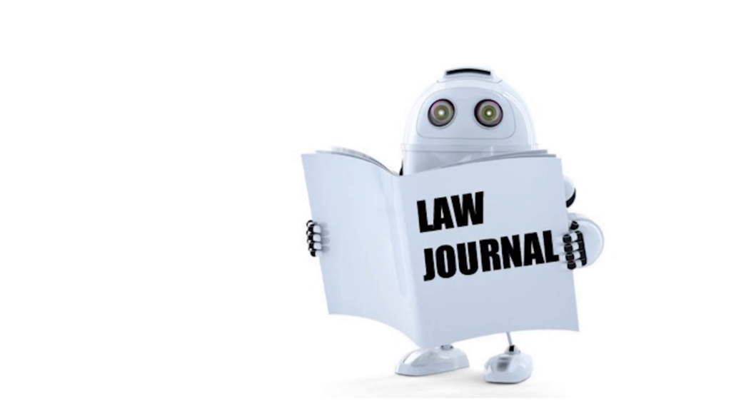 A small robot reading a book labeled "Law Journal"