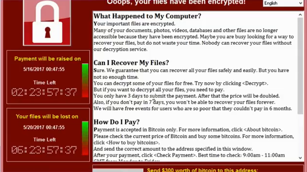 Screenshot of what was displayed to victims of the 2017 hospital ransomware attack, detailing when payment was expected, would go up, and files would possibly be deleted