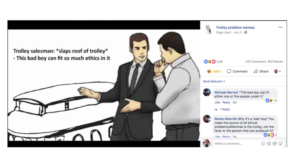 Illustration of two men talking, one a trolley salesman, captioned '*slaps roof of trolley* This bad boy can fit so much ethics in it.'