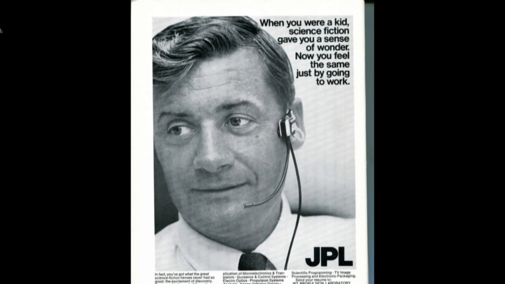 Job ad for the Jet Propulsion Lab showing a man wearing a headset, captioned "When you were a kid, science fiction gave you a sense of wonder. Now you feel the same just buy going to work."