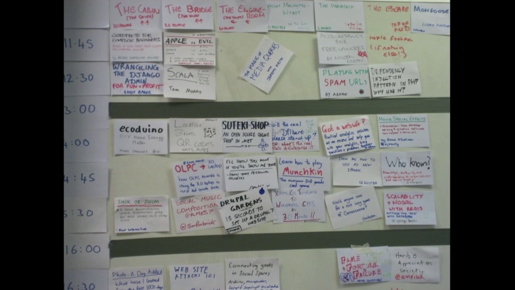 A barcamp schedule board, showing time slots and proposed sessions written on notecards taped in place