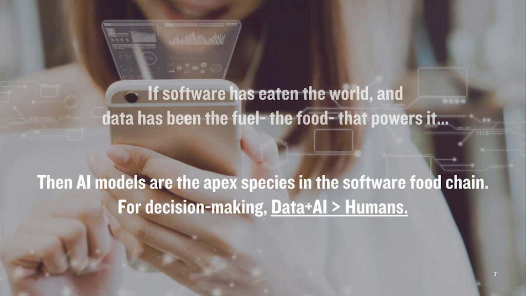 If software has eaten the world, and data has been the fuel—the food—that powers it… Then AI models are the apex species in the software food chain. For decision-making, Data + AI > Humans.