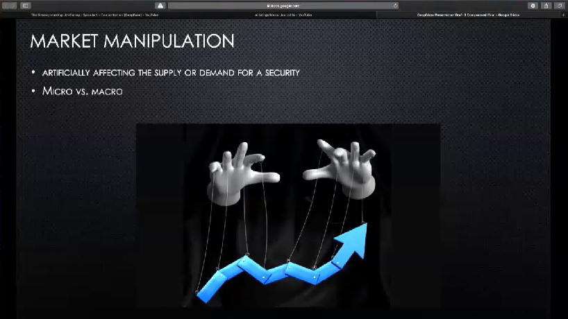 Two disembodied white-gloved hands using puppet strings to control the shape of an arrow like those used in financial charts