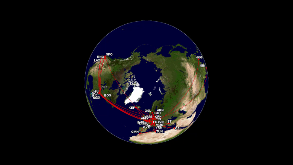 Satellite map of the earth showing connecting lines between a large number of major cities