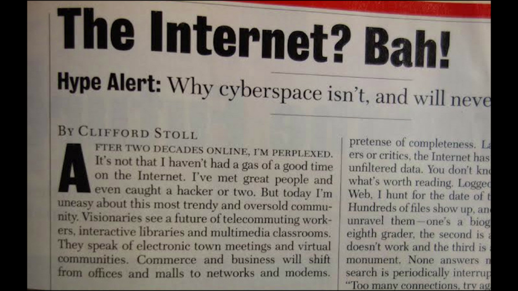 Photo of a Clifford Stoll column titled "The Internet? Bah!"