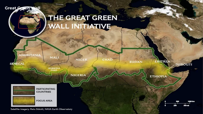 Satellite map of Africa with the countries participating in the Green Wall Initiative outlined, and showing their point of focus on a line across the continent dividing green and desert areas.