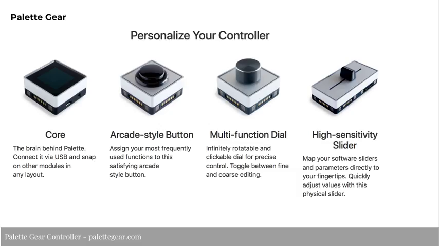 Various Palette Gear modules: a button, a slider, and a dial, all small rectangular blocks with contacts visible around their sides where you'd connect them.