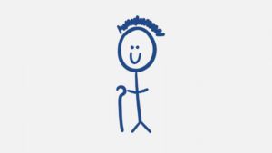 Stick-figure drawing of a smiling person with short spiky hair, using a cane.