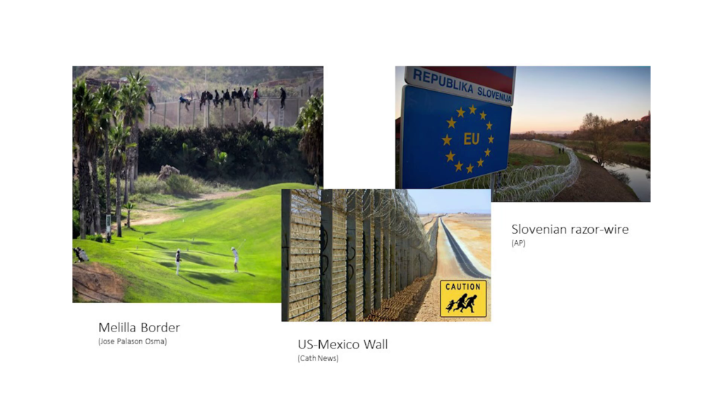 Photos of various national borders, eg. razor wire in Slovenia, the wall between the US and Mexico, etc.
