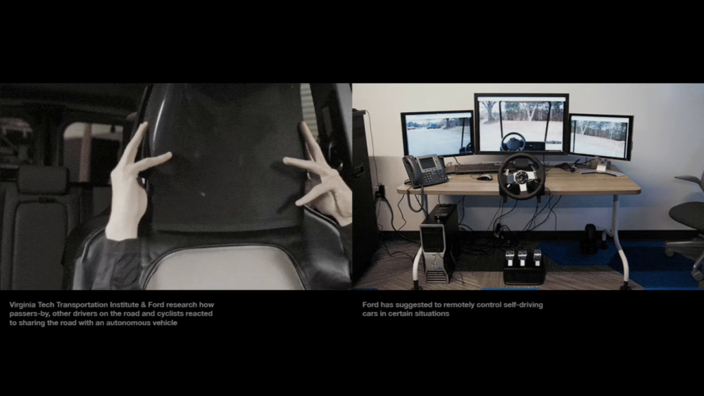 Two images: Video clip of a man disguising himself as a car seat as part of research into how drivers react to sharing the road with an autonomous vehicle; a computer station set up to remote control a self-driving car.