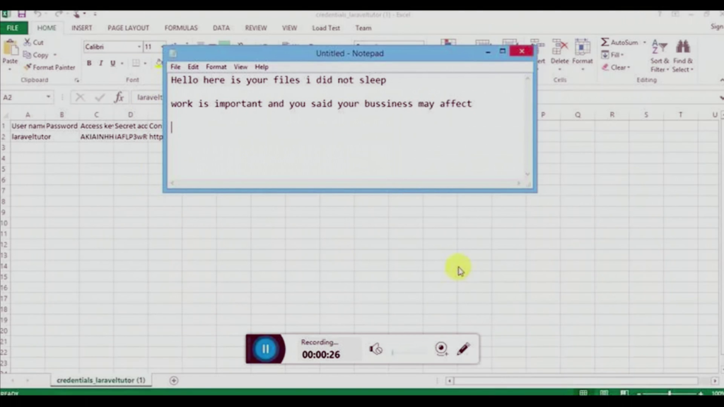 Screenshot of an Excel spreadsheet with a text editor window overlaid and a not reading 'Hello here is your files i did not sleep; work is important and you said your business may affect'