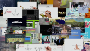 A large number of video clips of people working or promoting themselves on Fiver chaotically overlayed.