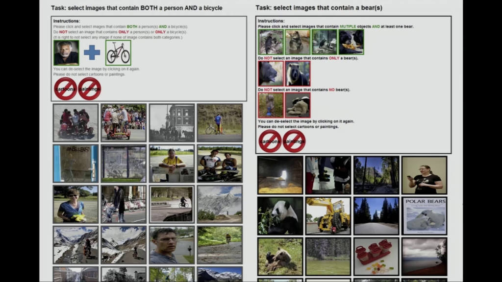 Images of crowdwork tasks asking people to select images from a group containing particular objects or animals.