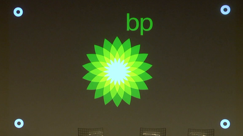 The BP logo, a geometric sunflower-like design composed in shades of green.