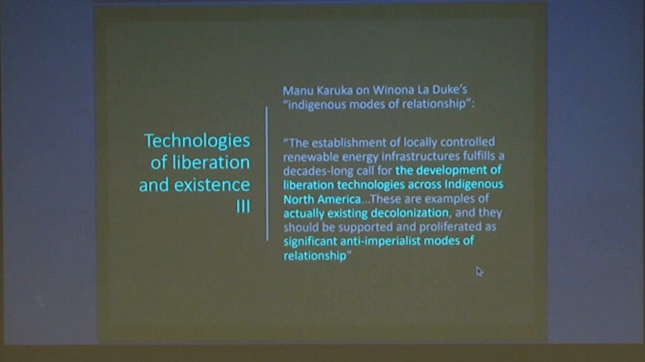 Manu Karuka on Winona La Duke's "indigenous modes of relationship": The establishment of locally controlled renewable energy infrastructure fulfills a decades-long call for the development of liberation technologies across indigenous North America…These are examples of actually existing decolonization, and they should be supported and proliferated as significant anti-imperialist modes of relationship.