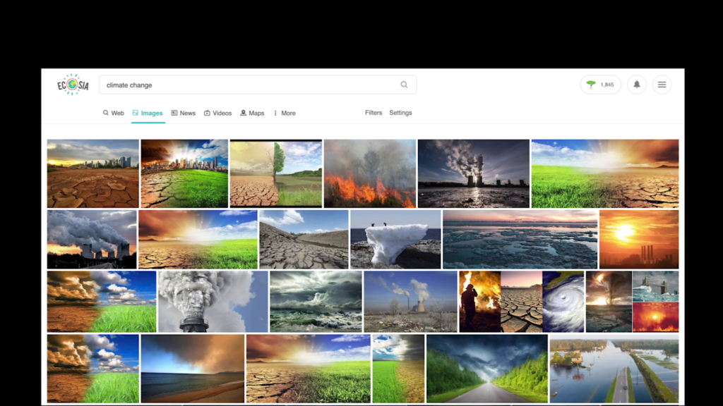 Screenful of images showing cracked dirt, burning trees, or a contrast of desert scenes with bright green fields