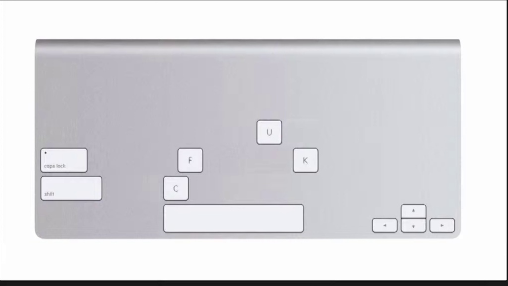 Manipulated image of an Apple Magic Keyboard, now mostly a blank sheet of metal with a selection of eleven keys still visible, including those spelling FUCK.