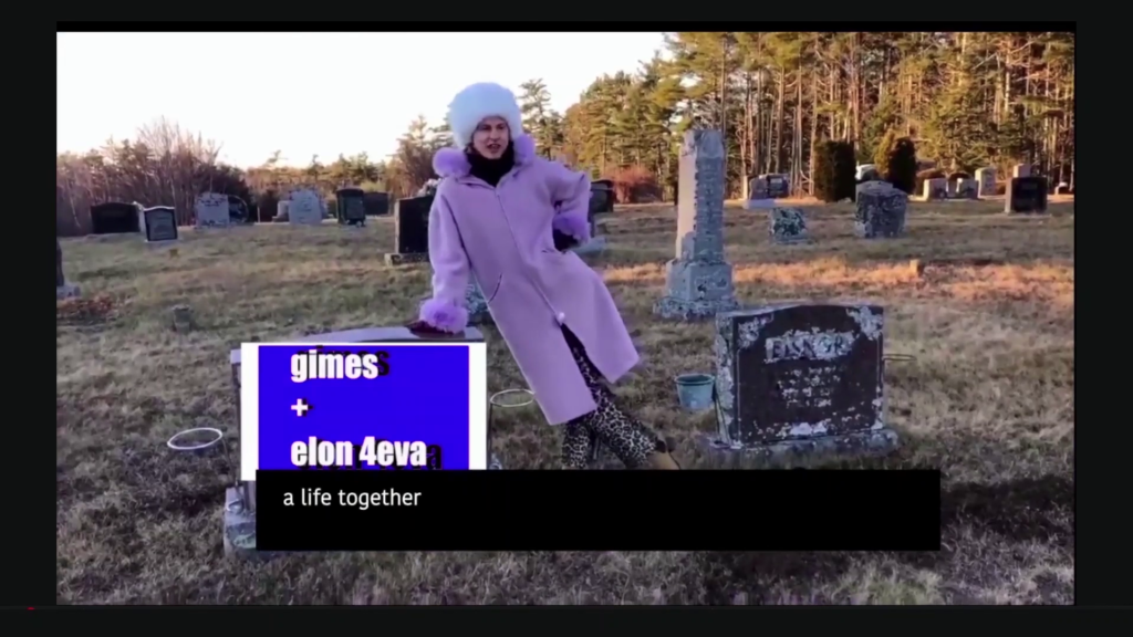 Epstein leaning on a headstone overlaid in video with a rectaingle labeled "grimes + elon 4eva"