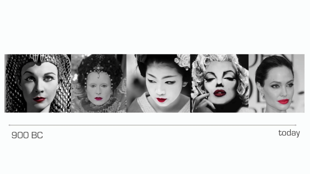 A timeline spanning 900 BC to today, with photos above showing several women: Egyptian and Victorian queens, a geisha, Marilyn Monroe, and Angelina Jolie, all wearing bright red lipstick
